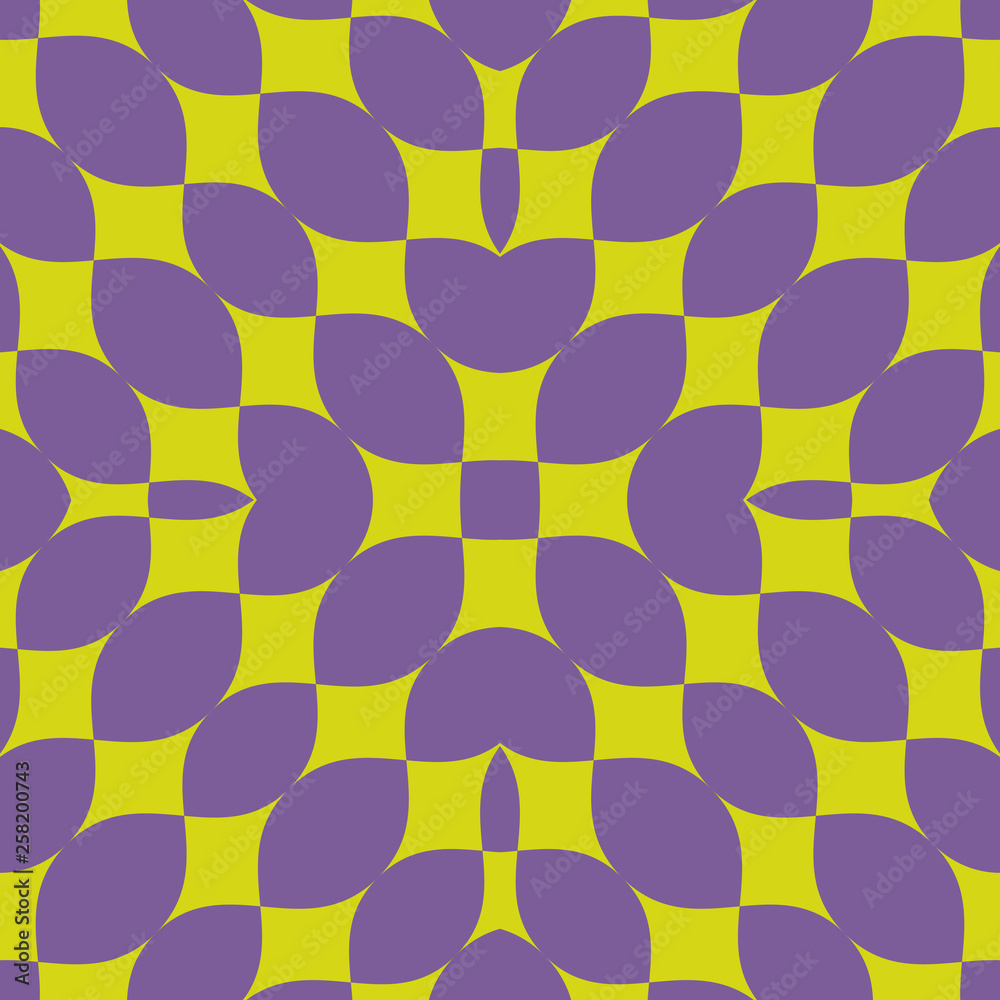 Vector abstract geometric seamless pattern. Simple texture with curved shapes, petals, leaves, grid. Colorful background in lime green and purple color. Funky style design for decor, covers, prints