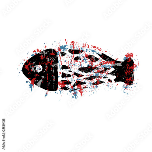 Black silhouette of fish, red blood and blue water texture/ vector illustration