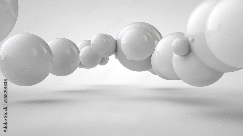 3D illustration of balls of different sizes hanging in space. The idea of order, chaos and harmony. Abstraction. Comparative image of the geometry of space. 3D rendering isolated on white background. 3D illustration of balls of different sizes hanging in space. The idea of order, chaos and harmony. Abstraction. Comparative image of the geometry of space. 3D rendering isolated on white background.