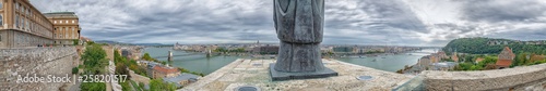 Panoramic view of the city of Budapest from the viewpoint located in the Buda Castle with the statue of the Virgin Mary, Hu