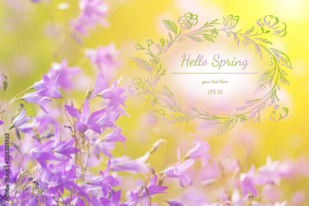 Spring elegant background with purple wildflowers. Hello Spring. Watercolor greeting card of flowers. Vector illustration.