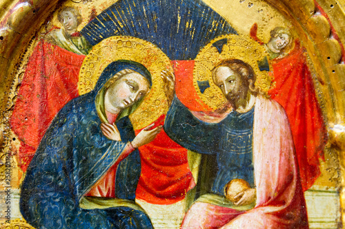 Pavia, Italy. 2017/11/11. Painting of the Coronation of the Virgin Mary. XIV century. Currently in the Castello Visconteo (Visconteo castle). photo