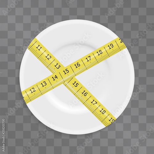 Smart nutrition plan vector illustration, plate banded with measuring tape, meaning weight loss through healthy eating thinking. Healthy food control and wise dieting. Balanced meals lifestyle concept