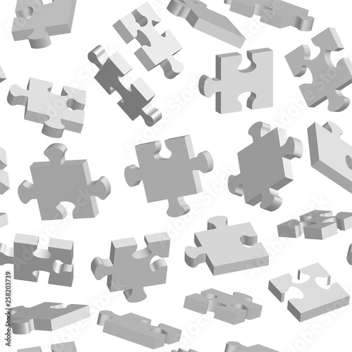 Puzzle 3d vector seamless pattern. White falling pieces for infographic illustrations, business concepts, infocharts, teamwork. Squares with jigsaws, connecting elements. For brochure, posters, banner