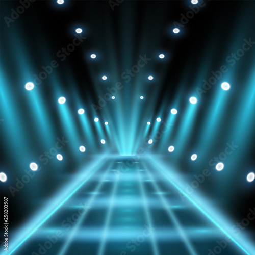 Blue neon glowing light illumination, catwalk vector with projectors, celebrity scene concert, performance presentation, car street floodlights, road headlights. Magical fabulous, luxurious concept.
