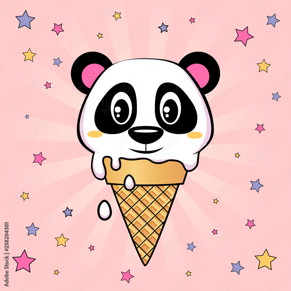 Panda ice cream. Cute little panda in a waffle cone on pink background  Stock Vector | Adobe Stock