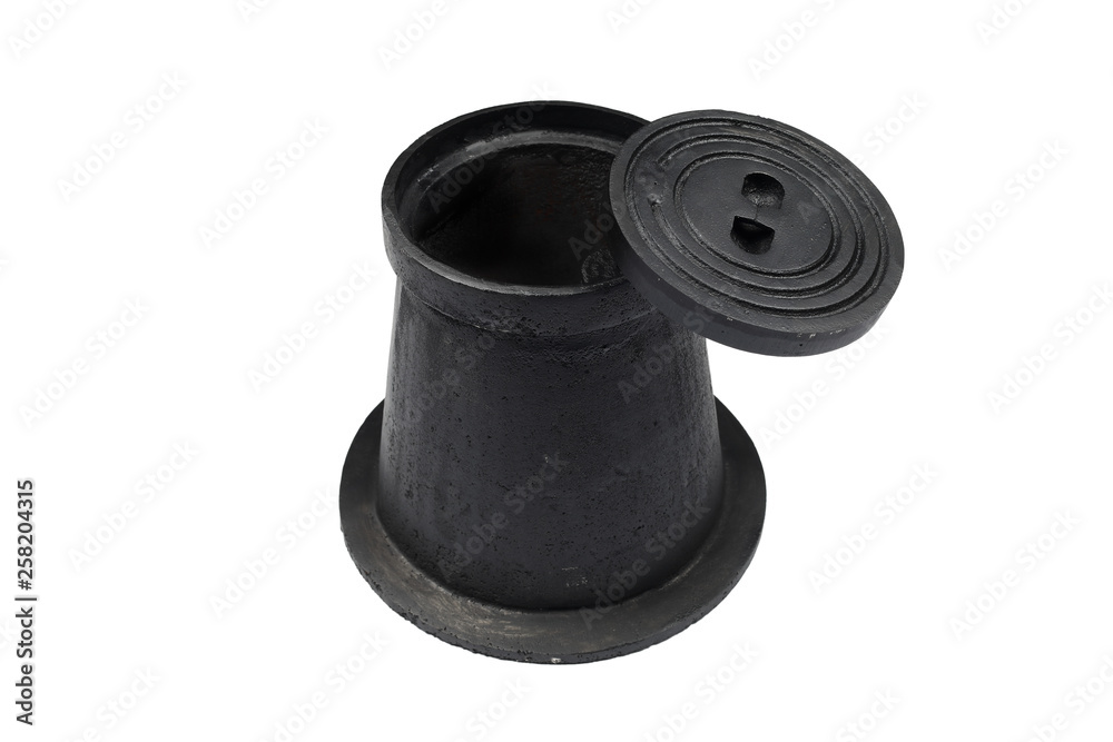 Round Hydrant Cap Made Of Gray And Nodular Cast Iron With Open Cover Isolated On White Background Round Hydrant Cap Made Of Gray And Nodular Cast Iron With Open Cover Isolated On White Background