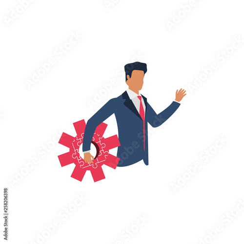 businessman with puzzle pieces in shape pinion