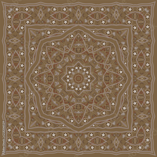 Ancient Arabic pattern. Brown Persian carpet with rich ornament for fabric design, handmade, interior decoration, textile.