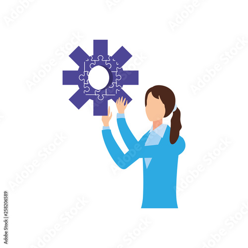 businesswoman with puzzle pieces in shape pinion
