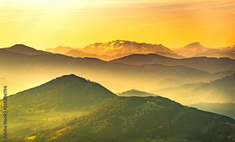 Obraz premium Landscape view during sunset in spring from Graz Schockl mountain in Styria Austria.