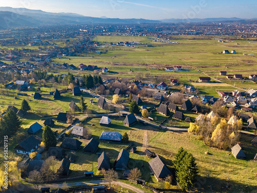 Aerial panorama of the village museum located in countryside of Maramures, Sighetu Marmatiei in Romania photo