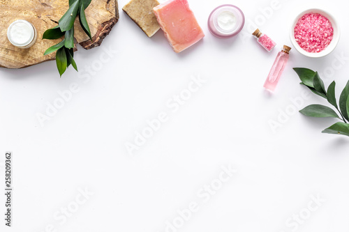 herbal cosmetic set for homemade spa on white background top view space for text