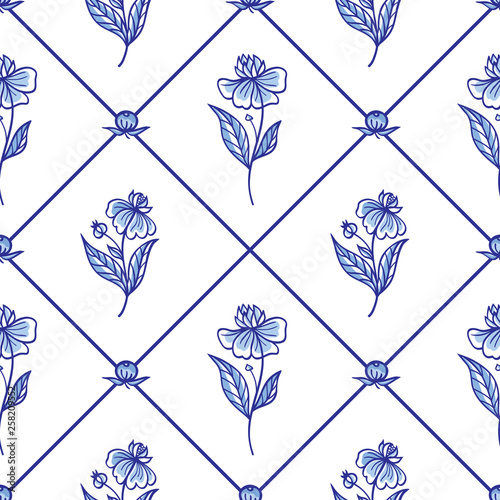 Seamless pattern of rhombuses and flowers, traditional blue painting in the Dutch style, delft, gzhel, print for fabric, background for various designs