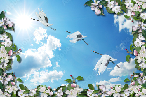 Bird on branch. 3d background, Branch blossoming apple-tree and cranes on blu...