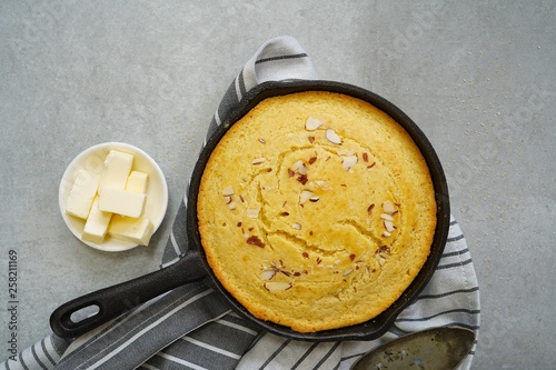 Homemade skillet corn bread overhead view