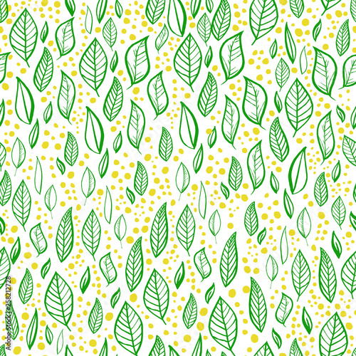 Vector seamless pattern with leaves, branches and dots