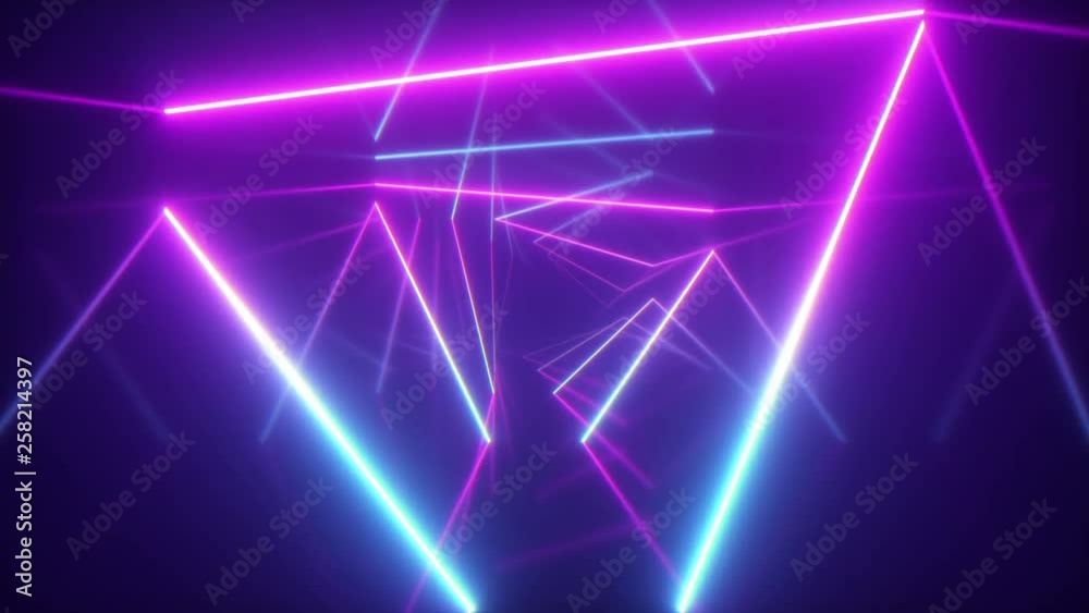 Abstract flying in futuristic corridor with triangles, seamless loop 4k background, fluorescent ultraviolet light, colorful laser neon lines, geometric endless tunnel, blue pink spectrum, 3d render