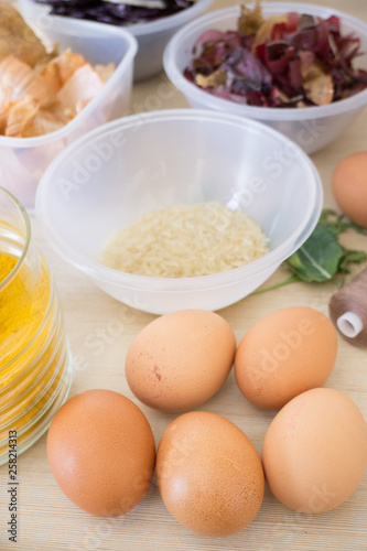 Ingredients for organic egg painting before Easter