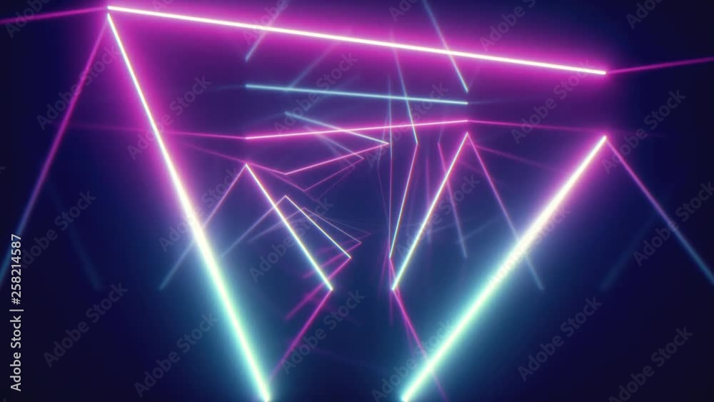 Abstract flying in futuristic corridor with triangles, seamless loop 4k background, fluorescent ultraviolet light, colorful laser neon lines, geometric endless tunnel, blue pink spectrum, 3d render