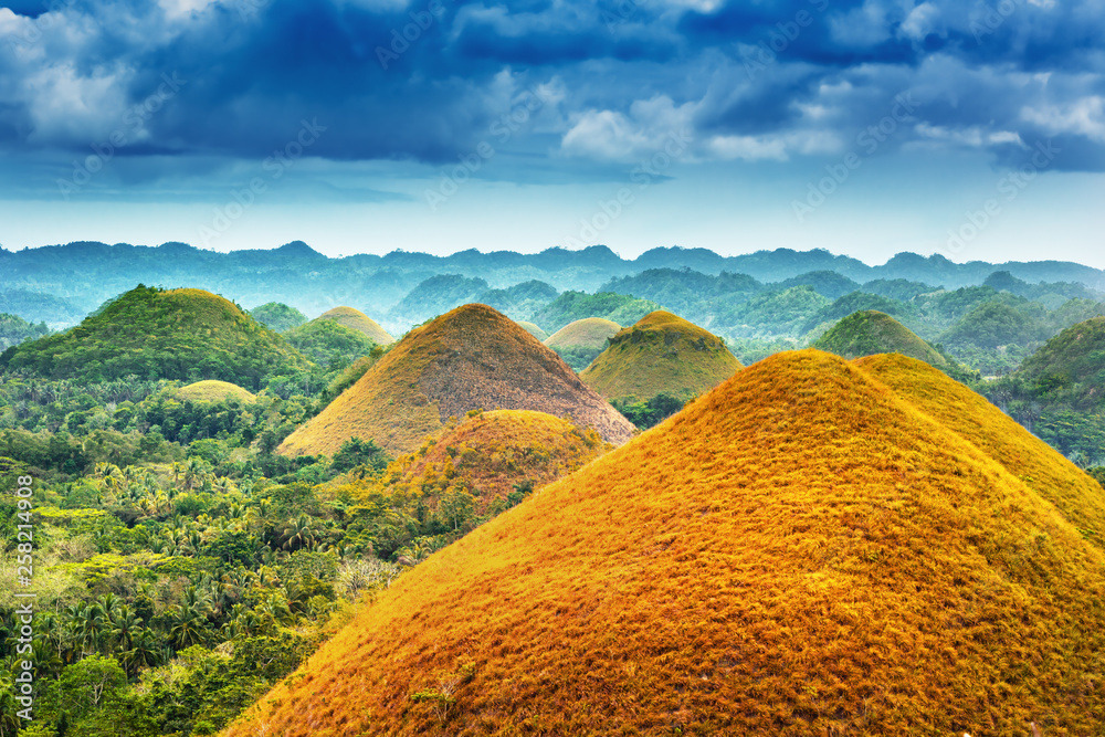 Scenic view on amazingly shaped Chocolate hills in Bohol island, Philippines