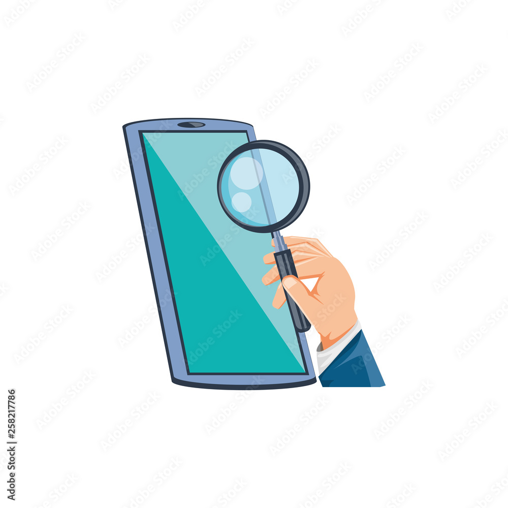smartphone with ahnd and magnifying glass