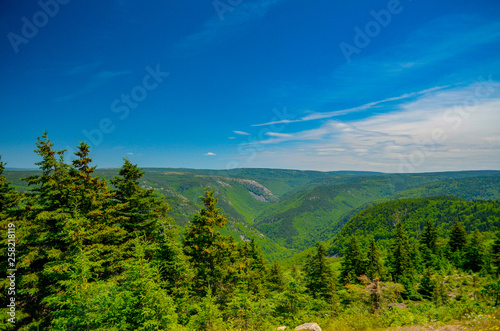 Valley, mountains, and forest of Cabot trail in Canada Nova Scotia 