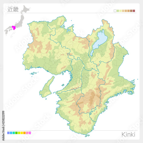 近畿の地図・Kinki（等高線・色分け）