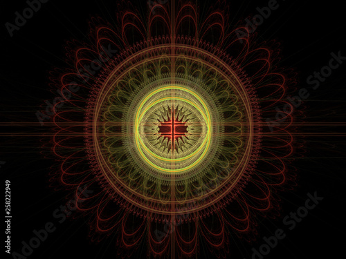Abstract Background Image, Graphic Illustration Artistic Resource, Lines and Symmetrical Patterns, Glowing Neon Colors. Colorful Repeating Circular Disc Shaped Patterns, Modern Fractal Digital Art.