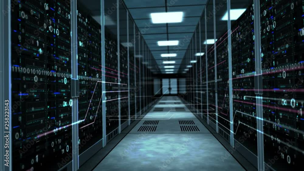Camera rises in the corridor with server racks and dynamic digital holograms. 3D concept animation of cyber security, big data storage, database, artificial intelligence and information analizing.