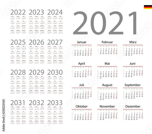 German Calendar for 2021. Week starts on Monday