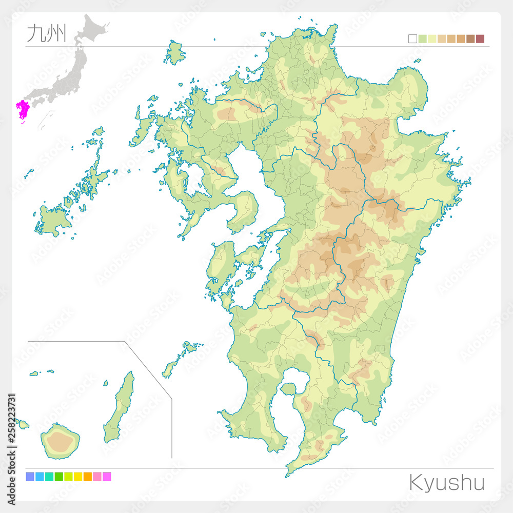 Naklejka premium 九州地方の地図・Kyushu（等高線・色分け）