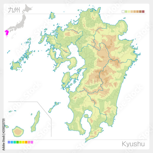 九州地方の地図・Kyushu（等高線・色分け）