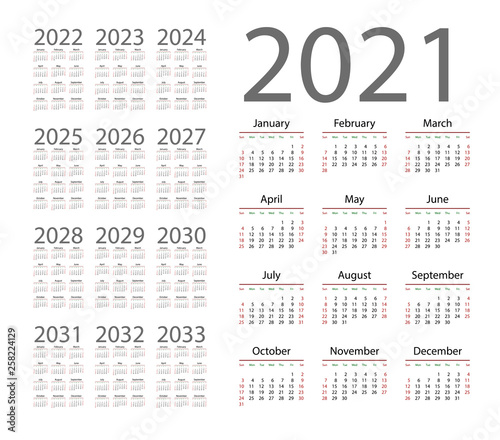 English calendar for years 2021-2033, week starts on Sunday