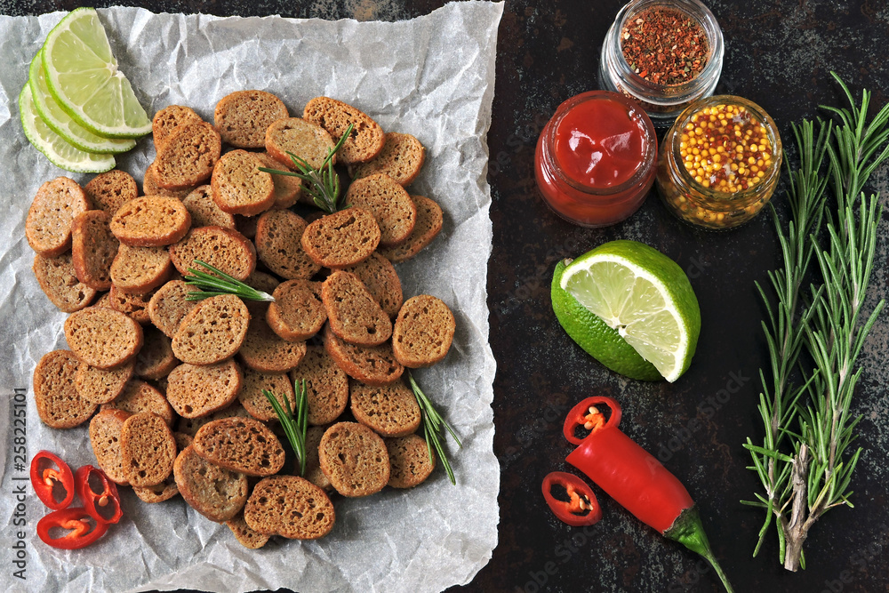 Crackers with spices and sauces. Indian snacks. Crackers with spices and sauces. Indian snacks.