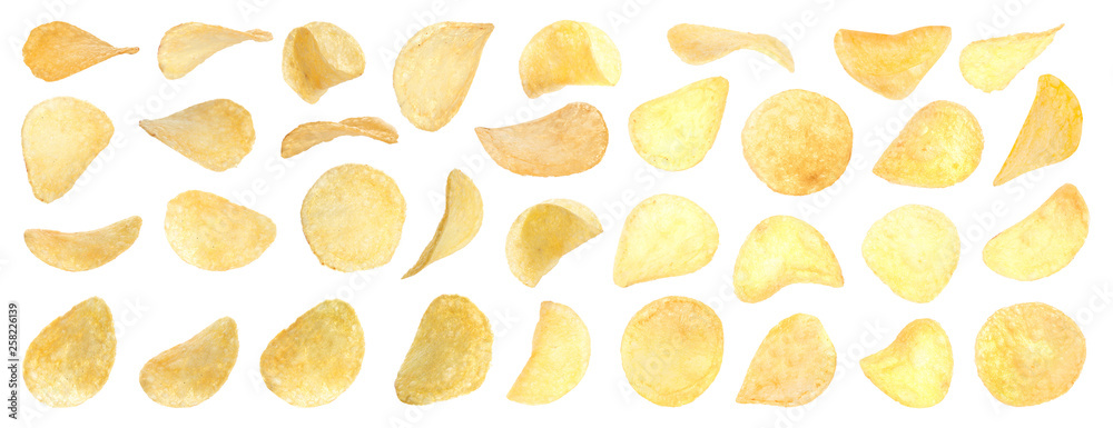 Set of fried crispy potato chips on white background