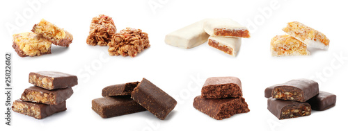 Fotografía Set of different sweet protein bars on white background