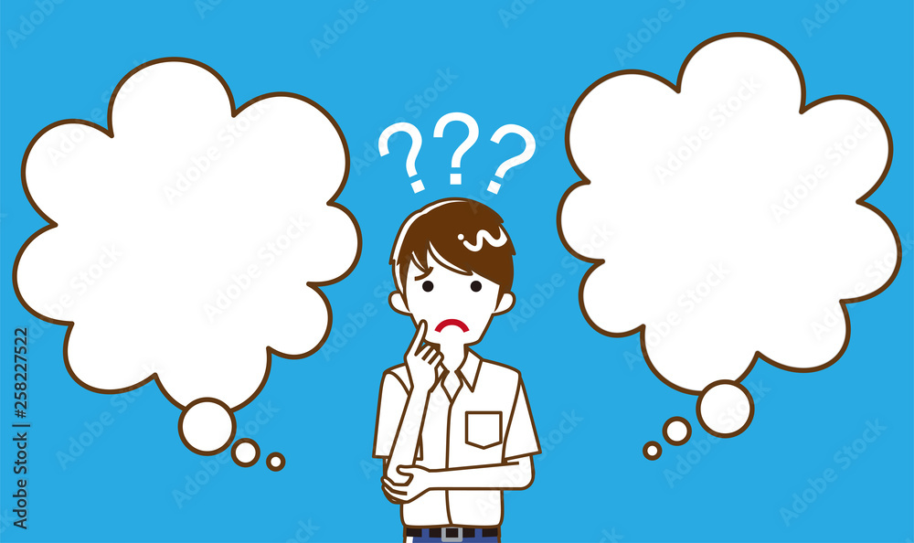 Japanese male high school student who has doubt something with two blank thought bubbles, line art Japanese male high school student who has doubt something with two blank thought bubbles, line art