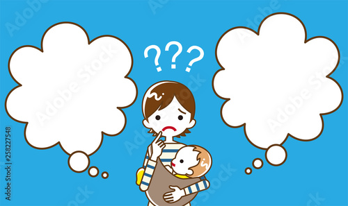 Young mother who has doubt something with two blank thought bubbles, line art