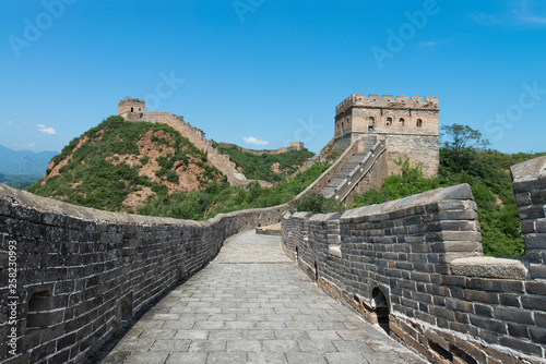 Panorama of Mutianyu, a section of the Great Wall of China. Mountains and hill ranges surrounded by green trees during summer. Huairou District, Beijing, China