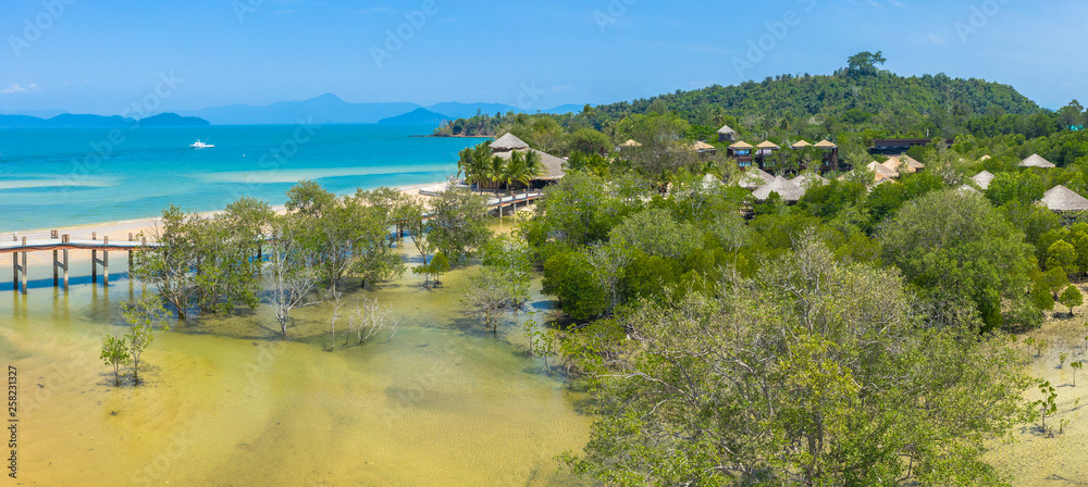 aerial view Small bridge across the mangrove canal near the pier of Koh Phayam island Ranong province Thailand