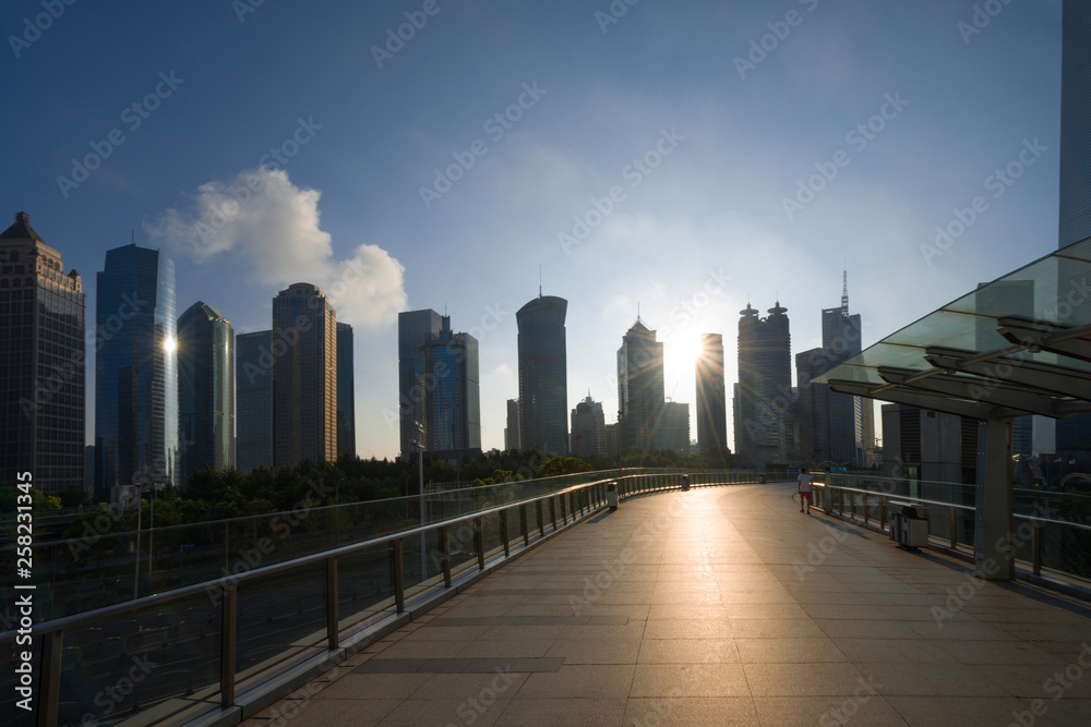 Pudong district and Modern skyscrapers in Shanghai beautiful sky at sunrise. Urban architecture in China