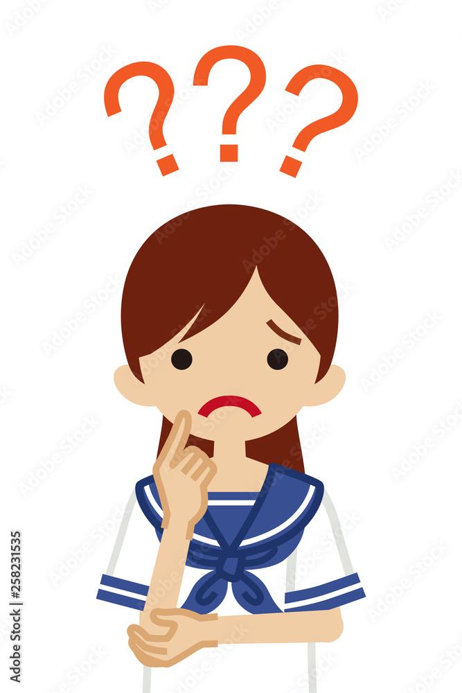 Japanese female high school student who has doubt something with three question marks -waist up Japanese female high school student who has doubt something with three question marks -waist up