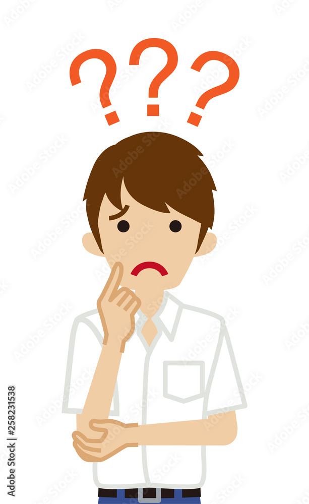 Japanese male high school student who has doubt something with three question marks -waist up Japanese male high school student who has doubt something with three question marks -waist up