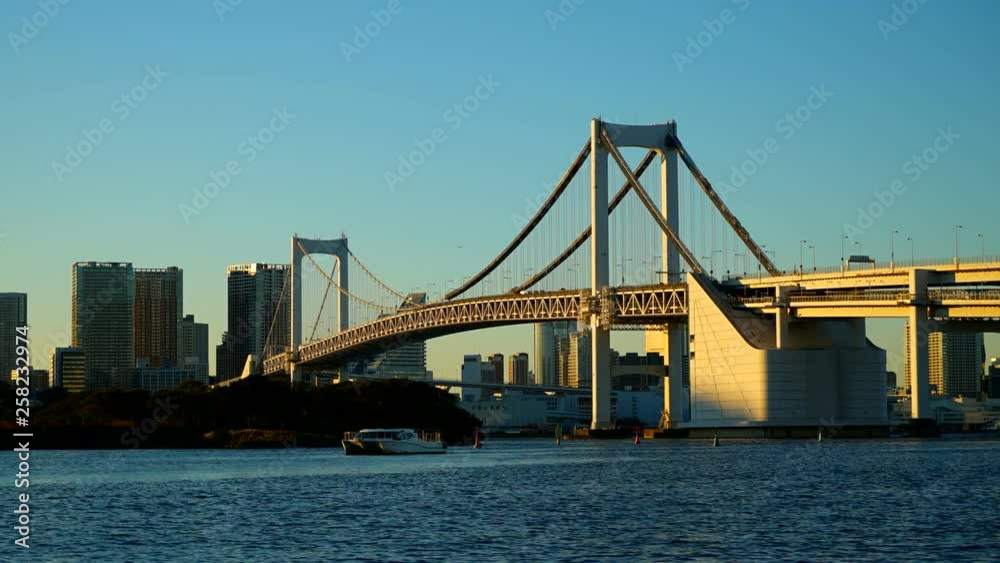 Time-Lapse of the Rainbow Bridge suspension bridge crossing northern Tokyo Bay. Time-Lapse of the Rainbow Bridge suspension bridge crossing northern Tokyo Bay.