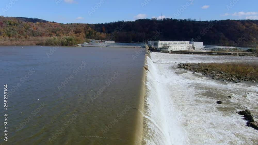 Panoramic aerial view of hydroplant dam with power house, hydro power station, Holtwood dam on Susquehanna river in Pennsylvania, USA Panoramic aerial view of hydroplant dam with power house, hydro power station, Holtwood dam on Susquehanna river in Pennsylvania, USA