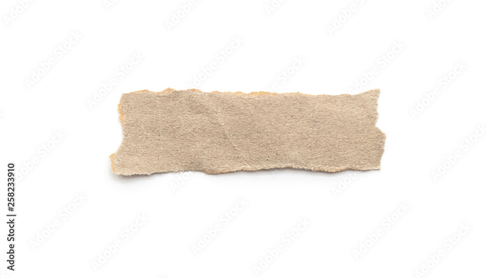 Recycled paper craft stick on a white background. Brown paper torn or ripped pieces of paper isolated on white.