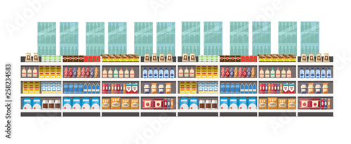 Concept design of supermarket interior with products. vector design of supermarket. supermarket interior with white background.
