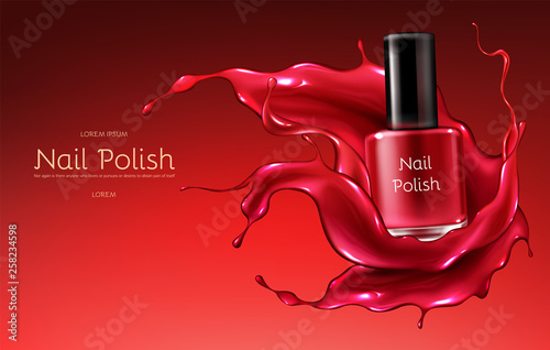 Red nail polish 3d realistic vector advertising banner with glass bottle in glossy, liquid varnish enamel splash frozen motion illustration. Womens cosmetics and make up product promotional mockup