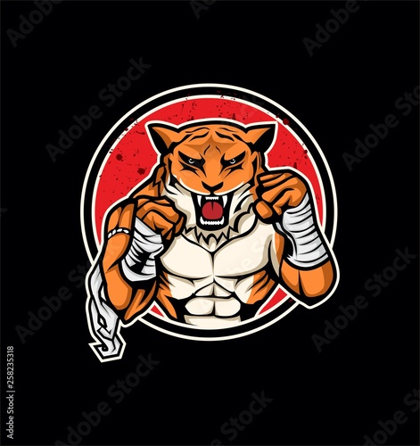 Vector sport logo for fighting club with angry muscular tiger character